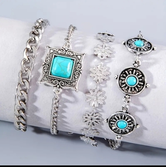 Vintage Boho 4-Piece Bracelet Set Tourquoise Inlaid Cuban Chain Carvings - Picture 2 of 5
